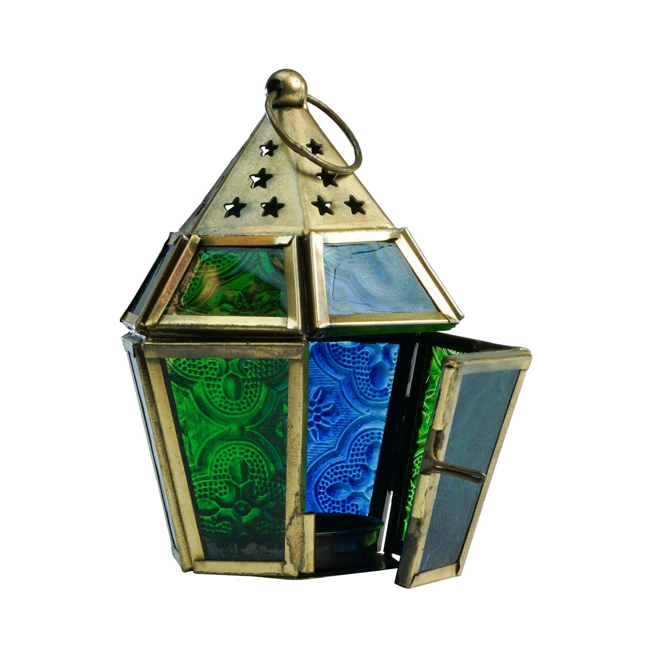 In the Breeze 9205 — Blue & Green Mini Hex Tealight Lantern — Moroccan-Style Boho Chic Tealight Glass and Metal Tabletop Lantern